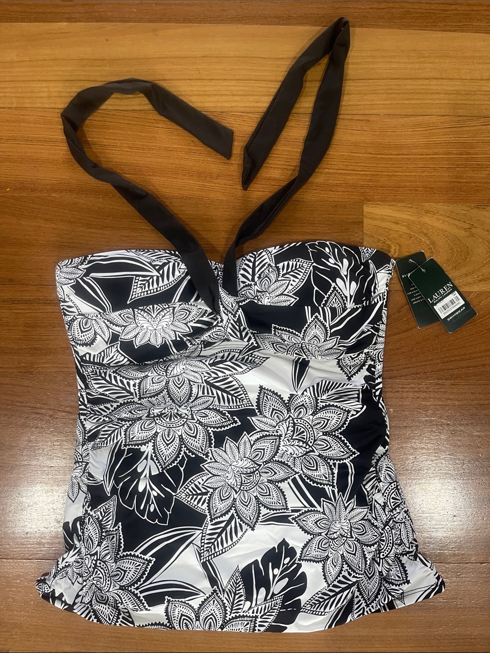 New With Tags Lauren Ralph Lauren Black and White Floral Halter Tankini